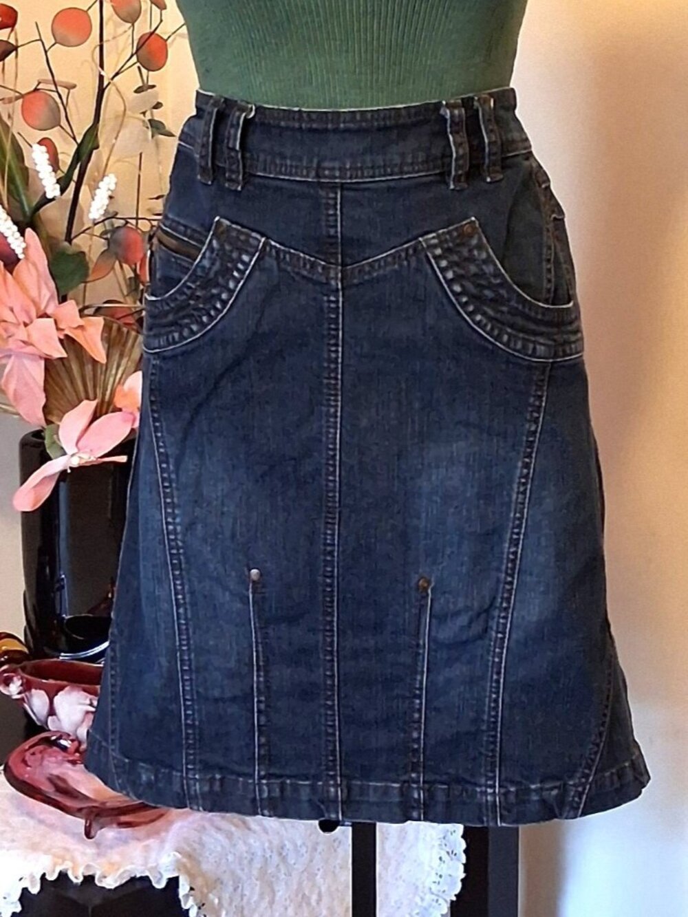 Preowned Sandwich Quiet Luxury Blue Denim Skirt Knee Length Chic Jean Skirts 12